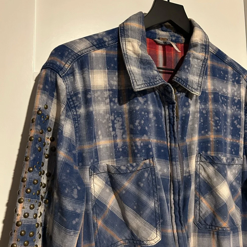 Free People Blue Plaid Deconstructed Shacket / Jacket Size Small - Picture 3 of 9